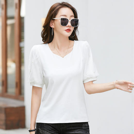 雀说新款夏季短袖纯色v领t恤宽松外穿时尚女AL82327 商品图1