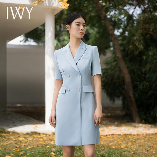 IWY/蓝色西装连衣裙夏季短袖修身气质设计感美容院主持人ol工装裙Q14241 商品图2