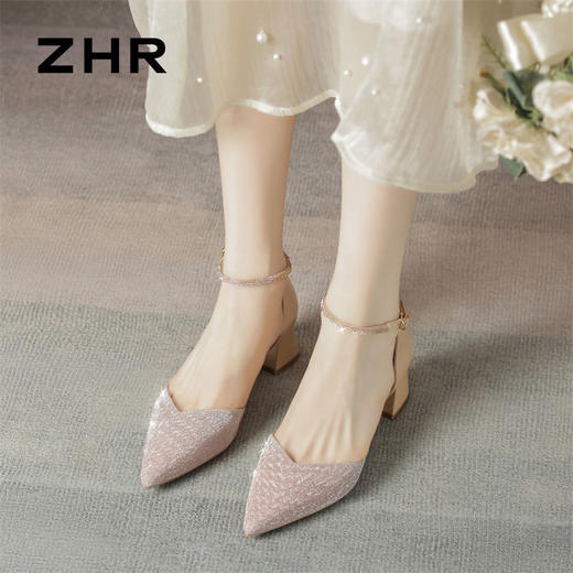 ZHR则则水钻包头凉鞋女2024夏季新款ins尖头单鞋一字高跟鞋配裙子 商品图7