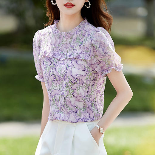 法式优雅木耳领印花小衫百搭减龄AHM-dtyx2201 商品图2