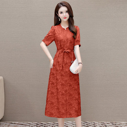 印花系带收腰显瘦，圆领短袖通勤气质A字裙QYM-XQD-7B2430-L 商品图1