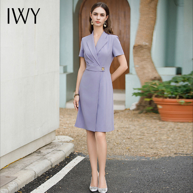 IWY/紫色职业通勤连衣裙女夏季新款短袖收腰显瘦OL正装裙子 Q1091