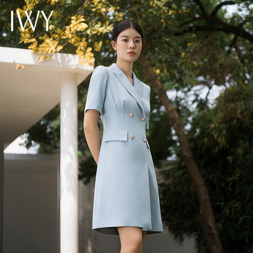 IWY/蓝色西装连衣裙夏季短袖修身气质设计感美容院主持人ol工装裙Q14241 商品图1