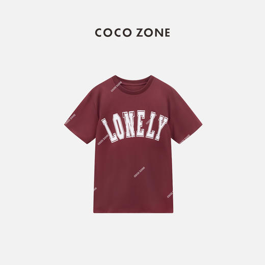 COCO ZONE"酒红T"夏季字母百搭设计短袖T恤简约纯色印花上衣SC1B0621 商品图0