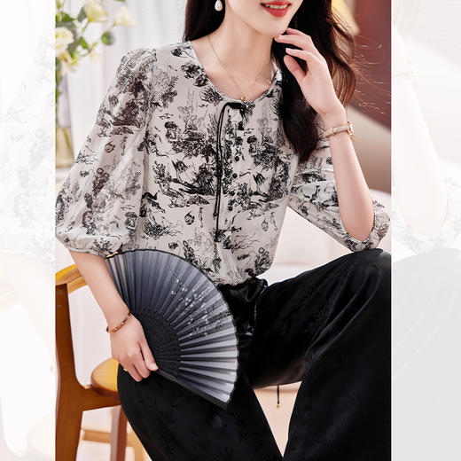 TCP09072 七分袖双绉真丝衬衫女2024年夏新款桑蚕丝上衣新中式复古盘扣小衫 商品图0