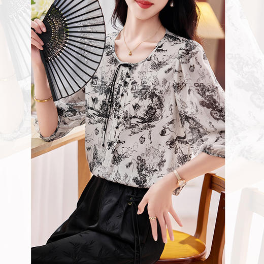 TCP09072 七分袖双绉真丝衬衫女2024年夏新款桑蚕丝上衣新中式复古盘扣小衫 商品图1