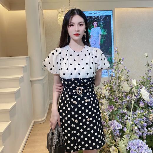 MAXRIENY复古夏季波点泡泡袖雪纺裙黑白撞色半身裙女连衣裙显瘦(货号:MS87DR309D00) 商品图1