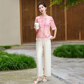 QYM-03071新款国风印花短袖小衫直筒休闲裤薄款夏季两件套