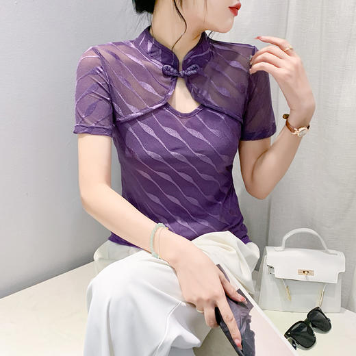 KQL-9938国风改良网纱立领短袖T恤女国潮中国风复古盘扣上衣 商品图2