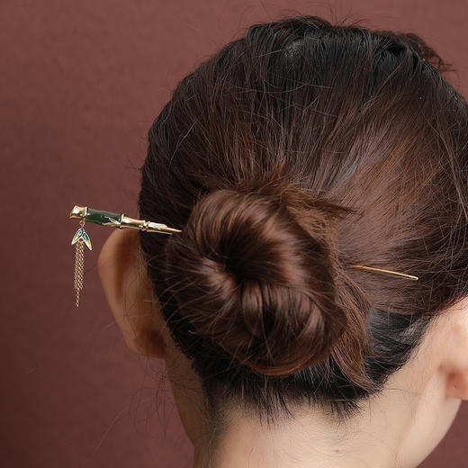 S925纯银镀金和田玉碧玉，复古竹节竹叶流苏发簪气质盘发银簪CW-JP00254 商品图3