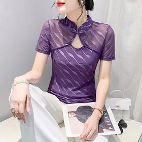KQL-9938国风改良网纱立领短袖T恤女国潮中国风复古盘扣上衣