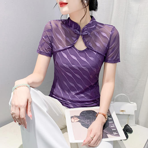 KQL-9938国风改良网纱立领短袖T恤女国潮中国风复古盘扣上衣 商品图0