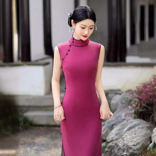 胭脂粉年轻款改良日常气质修身无袖旗袍XS013 商品图1