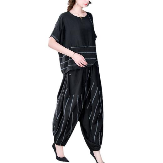 NYL-1928时尚休闲夏季新款圆领条纹宽松显瘦蝙蝠袖灯笼裤两件套 商品图4
