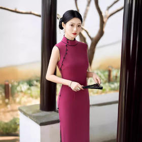 胭脂粉年轻款改良日常气质修身无袖旗袍XS013
