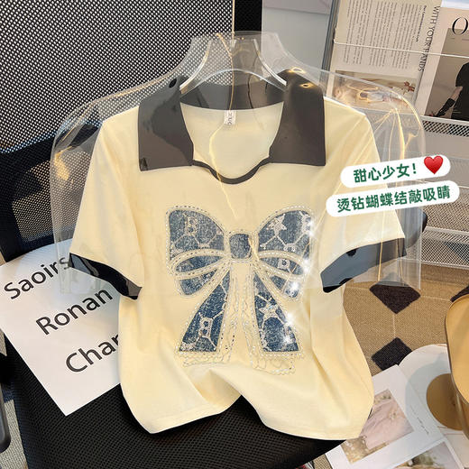 美式复古正肩polo衫短袖t恤女夏烫钻设计感小众别致短款减龄上衣 商品图1