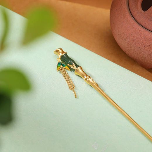 S925纯银镀金和田玉碧玉，复古竹节竹叶流苏发簪气质盘发银簪CW-JP00254 商品图1