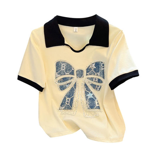美式复古正肩polo衫短袖t恤女夏烫钻设计感小众别致短款减龄上衣 商品图4