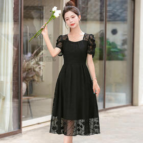 QYM-0928黑色连衣裙夏季新款网纱拼结泡泡短袖裙中长款高腰A字裙