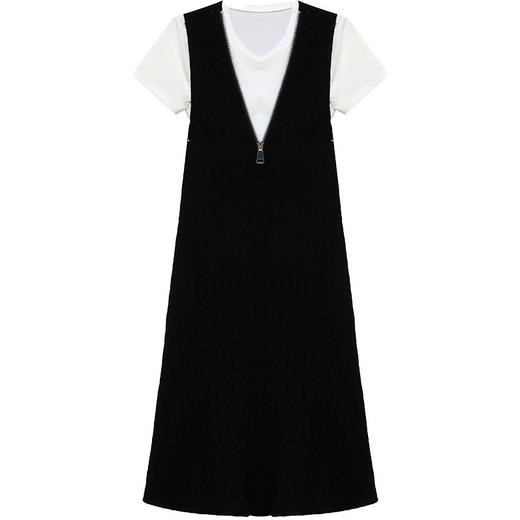 QYM-2216简约中长款假两件修身时尚A字裙圆领短袖洋气显瘦连衣裙 商品图4
