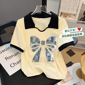 美式复古正肩polo衫短袖t恤女夏烫钻设计感小众别致短款减龄上衣