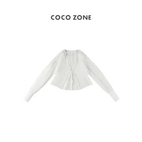 COCO ZONE 春夏款设计感V领系带衬衫修身短款长袖上衣 23C18830