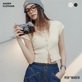 马登针织圆领短袖显瘦修身开衫肌理感短款百搭上衣基础针织衫夏女