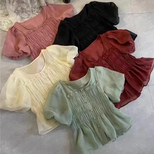 法式气质泡泡袖衬衫女2025新款设计感木耳边减龄收腰显瘦短袖上衣 商品图4