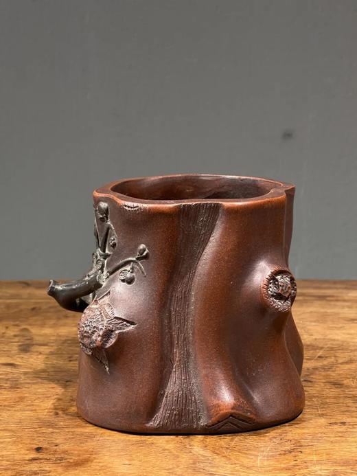 紫砂刻梅花树桩形笔筒，顺丰包邮 商品图3