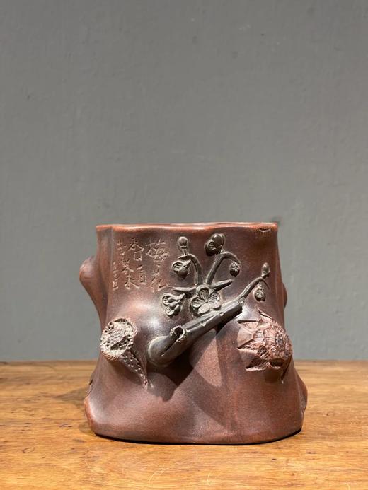 紫砂刻梅花树桩形笔筒，顺丰包邮 商品图0