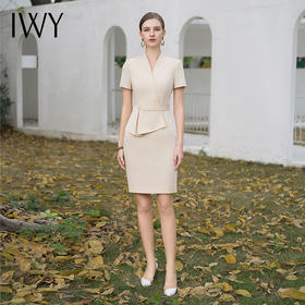 IWY/高端美容院工作服女杏色接待工装夏季短袖V领假两件职业连衣裙Q1110