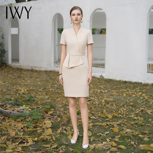 IWY/高端美容院工作服女杏色接待工装夏季短袖V领假两件职业连衣裙Q1110 商品图0