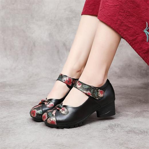 真皮浅口单鞋民族风粗中跟拼色印花搭扣鞋GL8851 商品图3