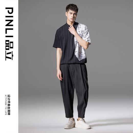 PINLI品立2024夏季新款中国风拼接短袖T恤国潮印花竹叶立领男上衣B242111077 商品图2