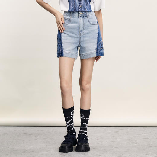 谜底A型短裤女2024年夏季新品复古风高腰百搭拼色牛仔裤242MK0588 商品图0