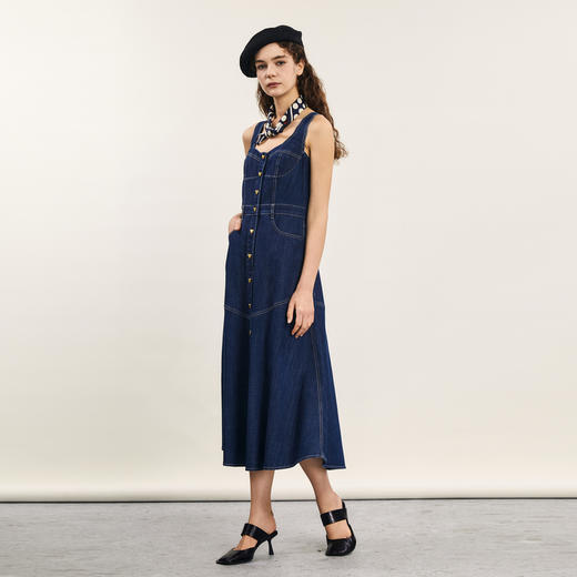 谜底牛仔吊带连衣裙2024年夏季新品复古风修身中长裙子242ML0515 商品图1