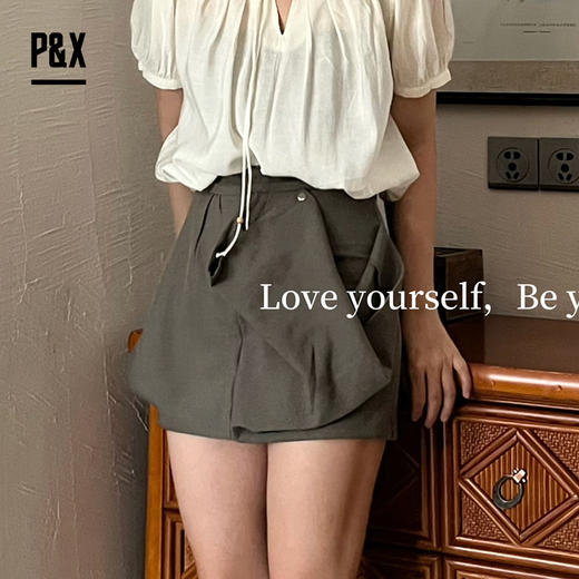P&X设计师女装夏季显瘦时尚设计感半身裤裙 824207673 灰绿 商品图0