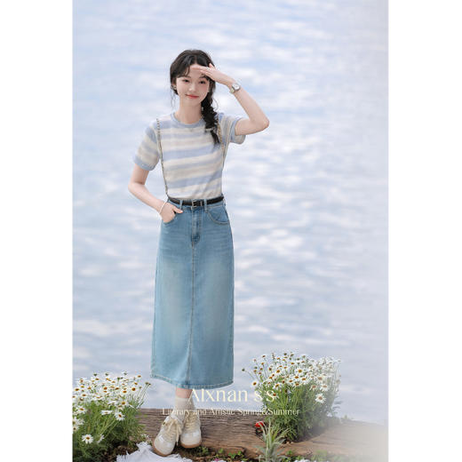 鹿向南「澎湃蓝潮」高腰牛仔半身裙女新款夏季薄款复古长裙子 商品图2