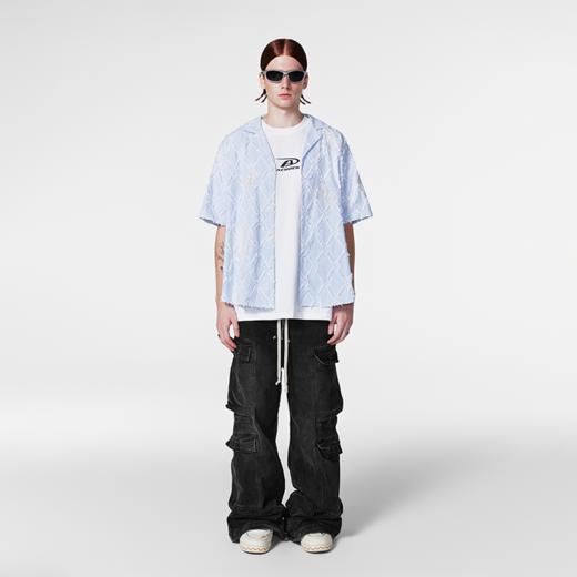 【Achock官方店】国潮条纹衬衫蝴蝶蕾丝刺绣流苏短袖翻领情侣衬衫 商品图2