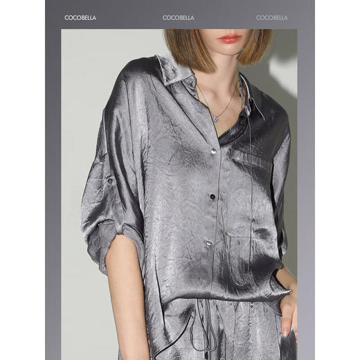 COCOBELLA[100%醋酸]奢感丝光肌理紫色夏凉感短袖衬衫SR0039 商品图2