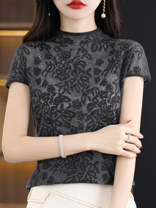 雀说 夏季蕾丝羊毛精纺针织体恤短袖女款镂空宽松打底上衣4ZF-2997 商品图3