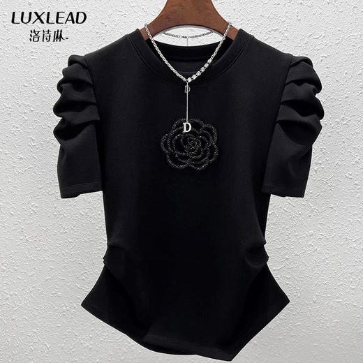 全新升级【铂金会员109/天猫139/差价30】(92050)洛诗琳设计感洋气上衣2025夏季新款重工钉珠立体山茶花短袖T恤女 商品图1