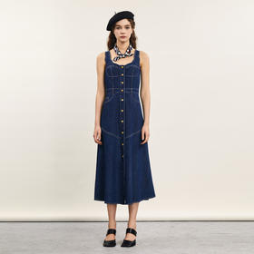 谜底牛仔吊带连衣裙2024年夏季新品复古风修身中长裙子242ML0515