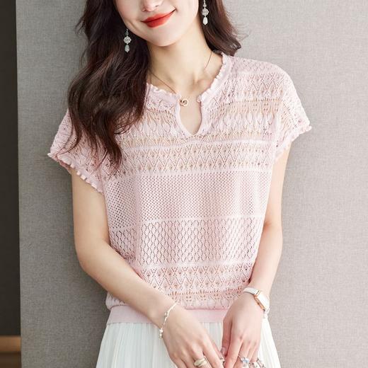 冰丝V领短袖t恤，洋气减龄上衣蕾丝薄款针织衫CC-16-6899 商品图2