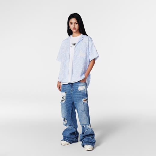 【Achock官方店】国潮条纹衬衫蝴蝶蕾丝刺绣流苏短袖翻领情侣衬衫 商品图1