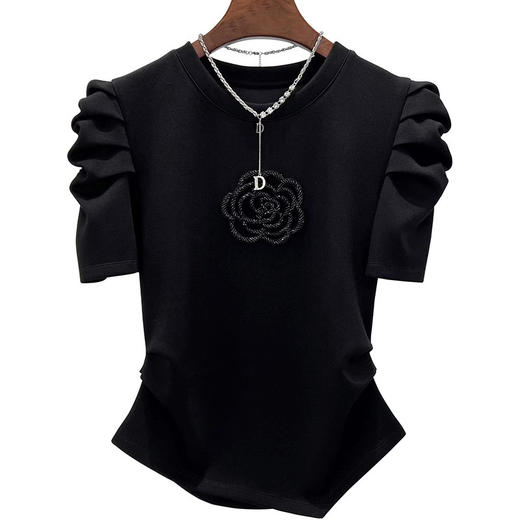 全新升级【铂金会员109/天猫139/差价30】(92050)洛诗琳设计感洋气上衣2025夏季新款重工钉珠立体山茶花短袖T恤女 商品图4