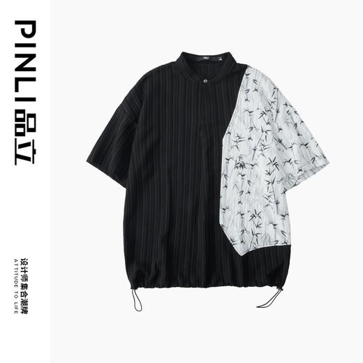 PINLI品立2024夏季新款中国风拼接短袖T恤国潮印花竹叶立领男上衣B242111077 商品图4
