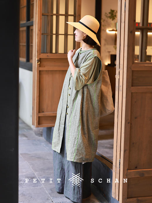 PETIT SCHAN小闪 CLO#494 water hyacinth 池塘里的布袋莲 色织亚麻棉明线无袖长款马甲 商品图1