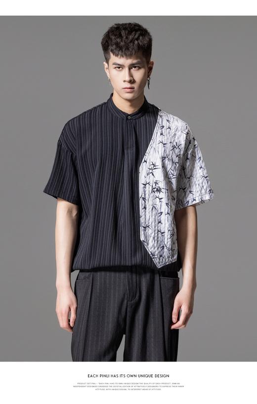 PINLI品立2024夏季新款中国风拼接短袖T恤国潮印花竹叶立领男上衣B242111077 商品图1