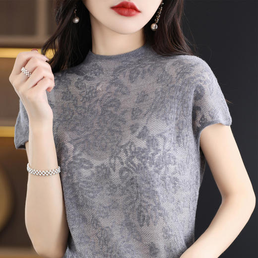 雀说 夏季蕾丝羊毛精纺针织体恤短袖女款镂空宽松打底上衣4ZF-2997 商品图6